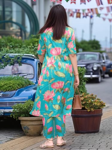 Image of GoSriKi Women's Rayon Viscose Printed A-Line Kurta with Pant