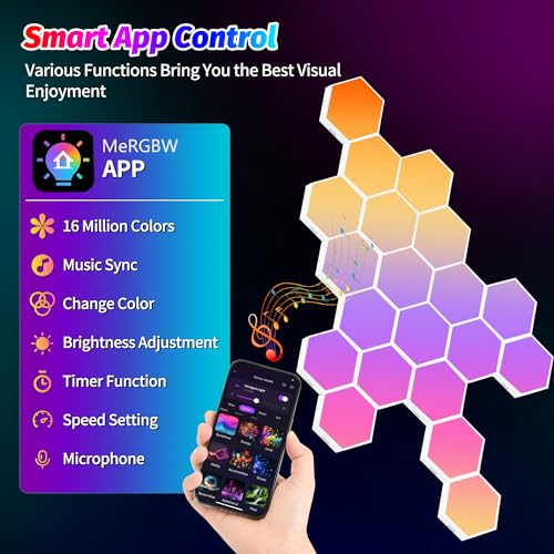 Image of 20 Pack DIY Hexagon LED Lights, Music Sync RGB Gaming Lights with APP Smart Wall Lights for Bedroom Living Room Decor