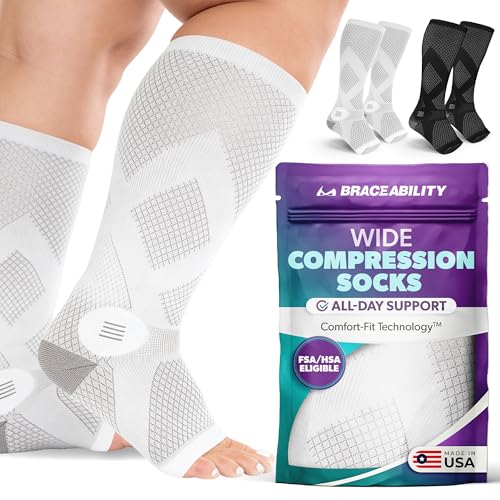 Image of BraceAbility Wide Calf Compression Socks - 20-30 mmHg Open Toe Stockings for Large Calves - Extra Wide Knee High Support for Varicose Veins, Swelling, Neuropathy, RLS - 1 Pair (XL /2XL WIDE - Gray)