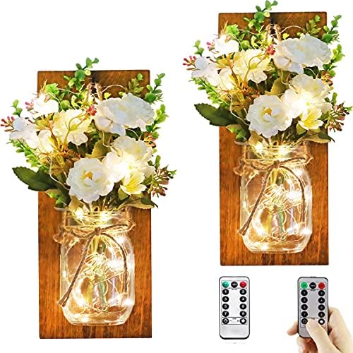 Rustic Home Decor Mason Jar Wall Sconces, Wall Decorative Sconces,Timer Led Fairy Lights and Flowers, Handmade Wood Art Goods Decor, Farmhouse Wall Decorations for Bathroom Living Room Set of 2