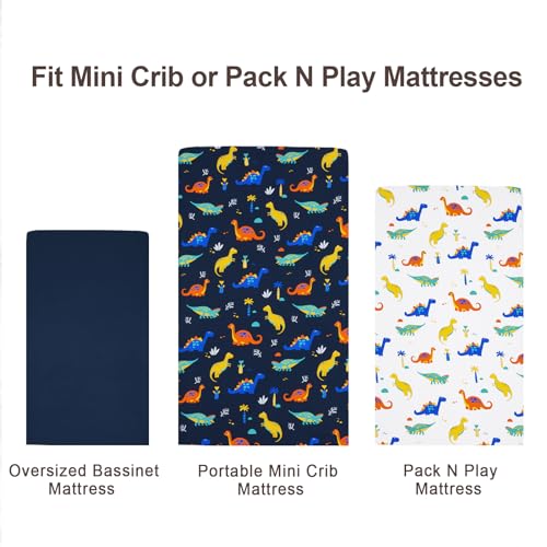 Image of david's kids 3 Pack Mini Crib Sheets, Soft Breathable Premium Pack N Play Sheets for Baby Boys Girls Neutral, Playard and Mini Crib Mattresses, Dinosaur