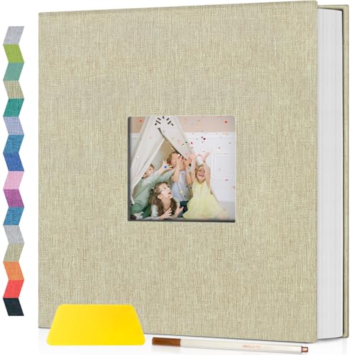 Image of Popotop Photo Album Self Adhesive with Picture Display Window,40 Pages DIY Scrapbooking Supplies Kit for 4x6 8x10 Picture,Linen Cover Memory Book for Baby Wedding, with Scraper and Metallic Pen