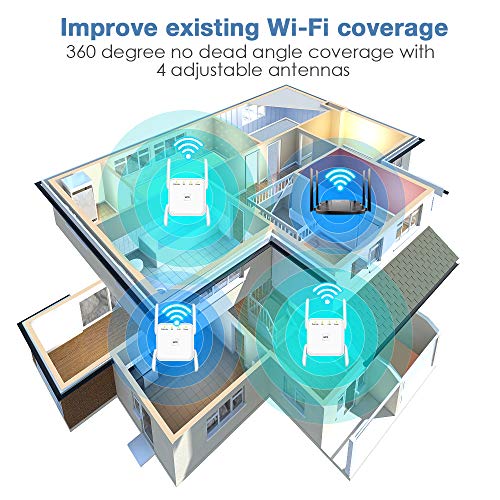 1200Mbps WiFi Booster Range Extender Repeater, 2.4 & 5GHz Dual Band WPS Wireless Signal 4 Antennas 360° Full Coverage, Extend WiFi Signal to Smart Home & Alex Devices (White)