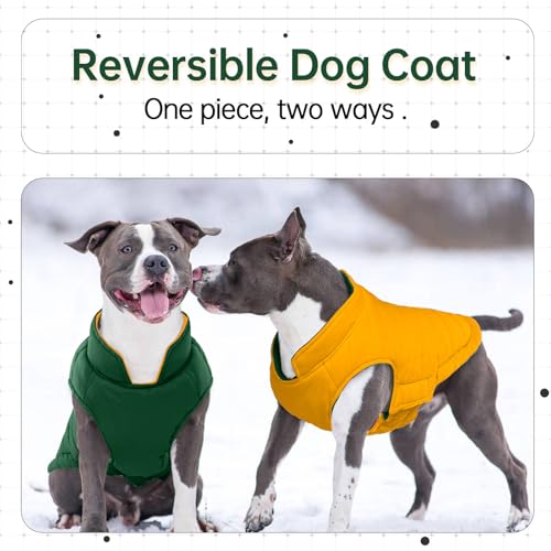 Image of Lelepet Reversible Dog Coat Windproof Dog Jacket Lightweight Puffer Vest | Dogs Puffer Coat for Medium Dogs Adjustbale Hook & Loop Pet Apparel Cold Weather Coats with Leash Hole, Pug, Green, M