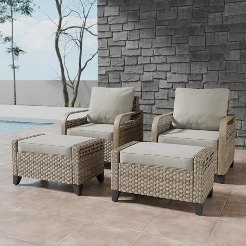 COOS BAY Modern Wicker Patio Chairs with Ottoman Set, Rattan Dining Chairs with Curved Armrests, PE Rattan Outdoor Seating, 4 Pieces, Brown/Gray