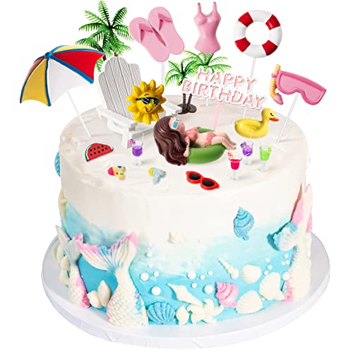 Junkin 21 Pcs Beach Cake Decorations Summer Pool Cake Topper