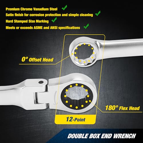Image of PRIDE&CRAFT Extra Long Ratcheting Wrench 14mm, Metric Flex Head Double Box End, 2X Longer Wrenches, Chrome Vanadium Steel with 90-Tooth Ratchet for Automotive Repair