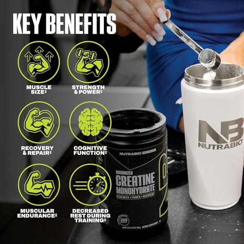 Image of NutraBio Pure Micronized Creatine Monohydrate Powder Supplement, Unflavored, (500 g) - Supports Bulk Muscle Energy, Recovery, and Strength - HPLC Tested Creatine Powder Supplement for Men and Women