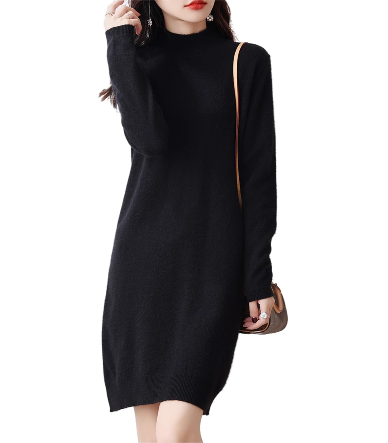 100 Merino Wool Sweater Dress Womens Long Sleeve Mock Neck Pullover Autumn Winter Knitted Long Jumper