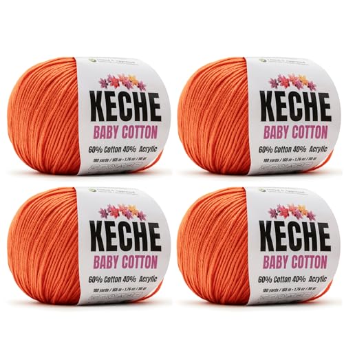 Image of Keche Cotton Yarn, 60% Cotton 40% Acrylic Yarn, Soft Cotton Yarn for Crochet and Knitting, Amigurumi Yarn 4 Skeins /Balls [1.76 Oz (50g) / 180 Yrds (165m)] x 4 - Orange
