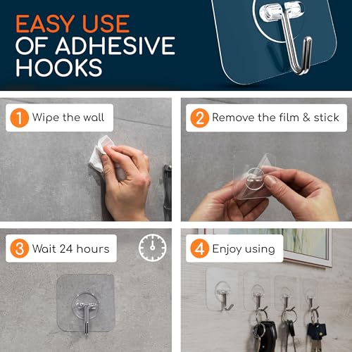 Image of GLUIT Adhesive Wall Hooks for Hanging Heavy Duty 22 lbs Hooks for Walls No Damage, Towel Sticky Clear Hooks, Waterproof, Home, Bathroom, Kitchen, Office, and Outdoor, 40 Pack