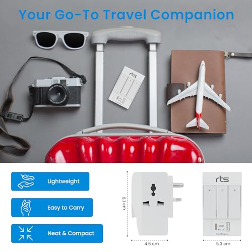 Image of rts 3 Pin Multi Plug Socket-Worldwide Universal Travel Adapter with USB Ports & Type-C PD Individual Switch Safety Shutter LED Indicator-3 Way Plug Socket (5A-250V) Type D Plug for Home Office White