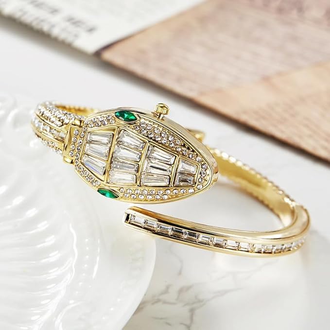 Image of Women's Gold Bracelet Watch | Snake Coil Cuff Style | Crystal Studded Oval Dial | Elegant Jewellery Watch for Women & Girls | Party, Wedding & Festive
