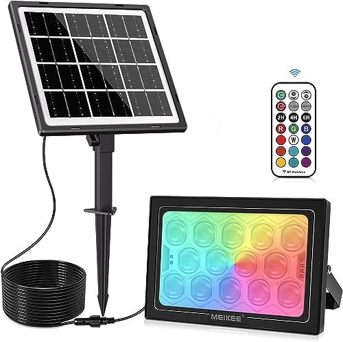 MEIKEE RGBW Solar Flood Light Outdoor with Remote, RGB Color Changing 2700K IP66 Waterproof LED Solar Powered Lights, Dimmable Timing Strobe Halloween Floodlight Landscape Light for Patio Party Garden MEIKEE RGBW Solar Flood Light Outdoor with Remote, RGB Color Changing 2700K IP66 Waterproof LED Solar Powered Lights, Dimmable Timing Strobe Halloween Floodlight Landscape Light for Patio Party Garden
