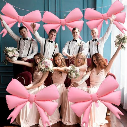 Image of 4 Pcs Large Pink Bow Balloons, Coquette Birthday Decorations