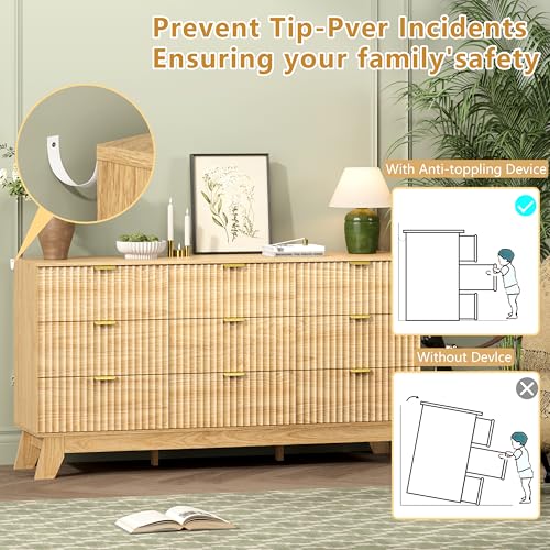 Image of Wodeer 9 Drawer Fluted Dresser for Bedroom, Mid Century Modern Wooden Dresser with 9 Drawers, Dressers & Chests of Drawers with Metal Handle, TV Stand & Storage Organizer for Entryway, Hallway, Oak