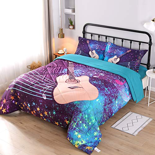 Wowelife Guitar Comforter Sets Full Blue Music Notes Rock Bedding 5 Piece Bedding Set Blue(Full-5 Piece) #TOP6