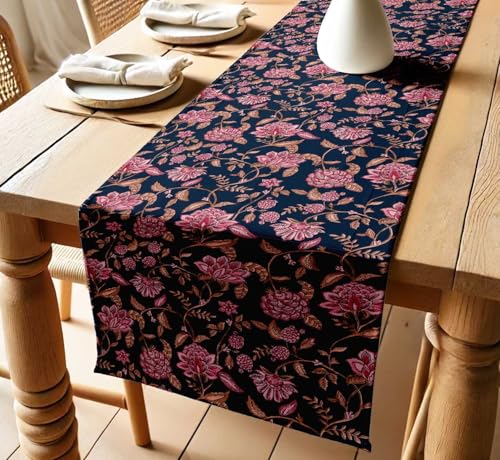 Cotton Twill Table Runner by Vargottam – Handcrafted Florals Design– 14” Wide Washable Table Runner for Kitchen, Living Room & Events – 108" inch Long