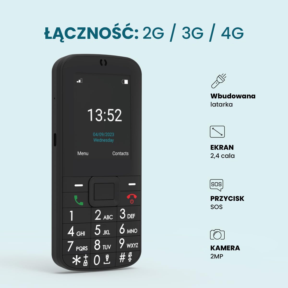 ADOC Telefon komórkowy przeznaczony dla osób starszych, duże klawisze, SP01, Android, 4G, Przycisk SOS, Bluetooth 4.0, Wi-Fi, GPS, Bateria 1.400 mAh, Latarka, Jack 3.5