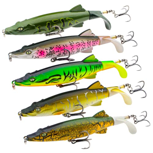 Topwater Angelköder für Barsch, 5 Stück Whopper Popper Angelköder Schwimmköder mit drehbarem Schwanz, Topwater künstliche harte Schwimmköder, Angelzubehör-Set (13 cm, 15,9 g) Cover