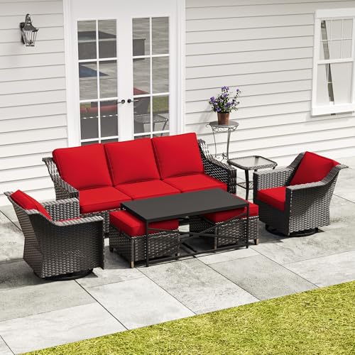 Image of 7 Pieces Outdoor Conversation Furniture Set - 77 inch Patio Sofa, 2 Swivel Rocker Chairs, 2 Ottomans, 1 Side Table, 1 Metal Table, Wicker Couch with Washable Cushions for Balcony (Red) | Patio Chair Set with Olefin Removable Cushion, All-Weather Outdoor Couch with Deep Seat for Porch, Deck and Backyard, Red