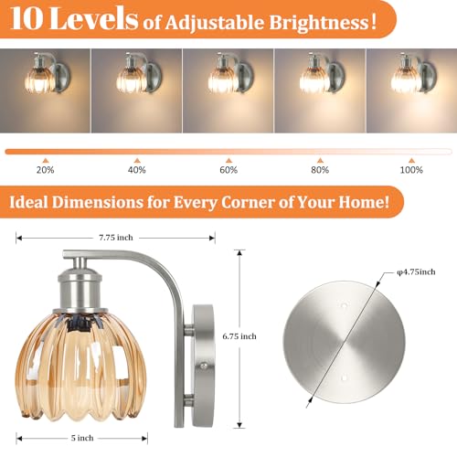 Image of Rechargeable Battery Operated Wall Sconce Set of Two with Amber Glass Lampshade, Wireless Wall Scone Decor with Remote Control, 15 Colors Brushed Nickle Wall Light for Bedside Hallway Bedroom Doorway