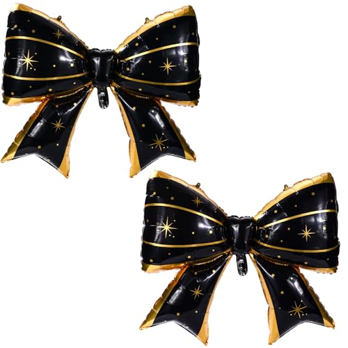 Image of 2pcs Large Bow Balloons, Bow Themed Party Decorations Elegant Coquette Balloons for Coquette Birthday Wedding Engagement Party Decoration (black with star dot)