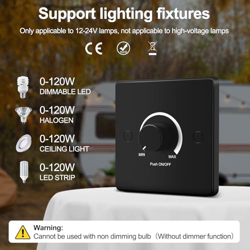 VIPMOON DC 12V-24V LED Dimmer Switch, Push ON/OFF Rotary Control Dimmer Switches, High Side PWM Dimmer for Dimmable Single Color Strip Lights in RV Auto, Camping Trailers, Boats, Caravans, Black - Image 4