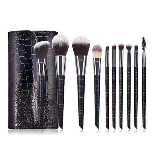 Juego de 10 brochas de maquillaje, brochas de maquillaje sintéticas profesionales de primera calidad para base, corrector, sombra de ojos con bolsa de viaje, color negro