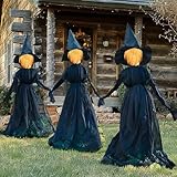 NEROSUN Halloween Decorations, 4 FT Set of 3 Light Up Witches Holding Hands Witches with Stakes, Witch Decorations with Glowing Face for Yard Garden Outdoor Lawn Porch Haunted House Decor