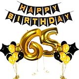 Treasures Gifted 65th Birthday Decorations Happy Bday Banner Party Kit Pack B-day Celebration Supplies with Gold and Black Stars Balloons for Men or Women (65th)
