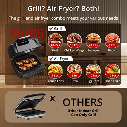 Zstar Indoor Grill Air Fryer Combo with See-Through Window, 7-in-1 Smokeless Electric Air Grill up to 450°F, 1750W Contact Grill with Non-Stick Removable Plates, Even Heat, Silicon Tongs as Gift, 4Qt