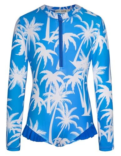 Image of GRACE KARIN Girls One Piece Bathing Suit Size 7 Green Long Sleeve Swimsuit Rashguard Summer