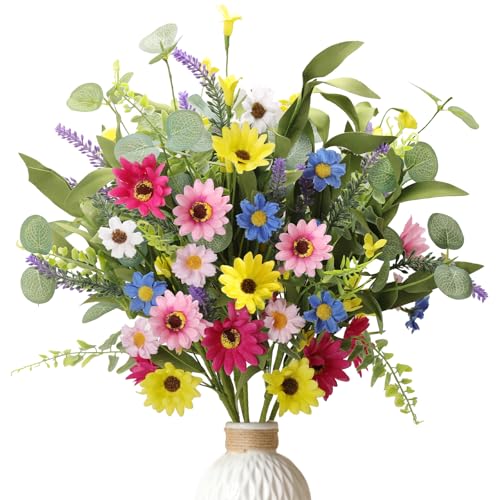 WSTPUPU Artificial Spring Flowers 6 Pack Spring Floral Picks 17 Inch Flower Stems with Eucalyptus Leaves Yellow Forsythia Purple Lavender for Vases Centerpieces Easter Summer Flower Arrangements