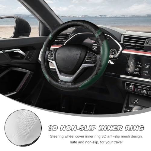 Image of Car Steering Wheel Cover, 15 Inch Premium Leather Breathable Non-Slip Wheels Wrap, Universal Auto Comfortable Steering Wheel Protector for SUV Truck Van, Car Accessories (Dark Green)