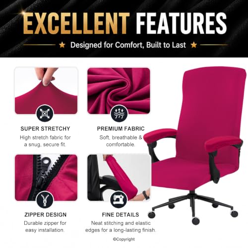 Image of Stretch Computer Office Chair Cover with Armrest Covers Durable Zipper Universal Washable Removable Spandex Rotating Boss Chair Slipcovers Anti-dust Soft Desk Chair Seat Protector, Hot Pink