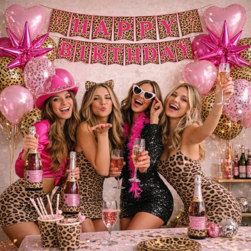 Image of 25Pcs Pink Cheetah Birthday Decorations, Pink Gold Cheetah Print Balloons