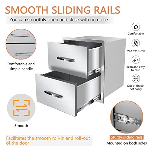 Image of Outdoor Kitchen Double Drawers 14 inch W x 15 inch H x 23 inch D Inches BBQ Drawer Stainless Steel Access Drawers with Exquisite Handle for Outdoor Kitchen Island or Grill Station