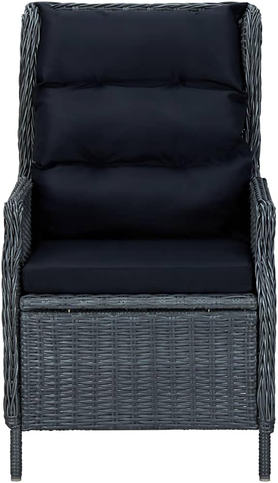 vidaXL 3 Piece Dark Gray Patio Dining Set with Adjustable Reclining Chairs, Black Powder-Coated Steel Frame and Glass Top Table - Outdoors, Garden, Weather, Maintenance-Free PE Rattan Seating