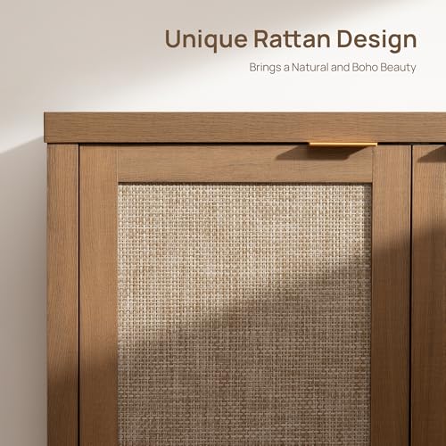 Image of SICOTAS Sideboard Buffet Coffee Bar Cabinet - 3 Pieces Farmhouse Boho Rattan Credenza Storage Cabinet with Large Storage for Kitchen, Living Room, Entryway, Oak