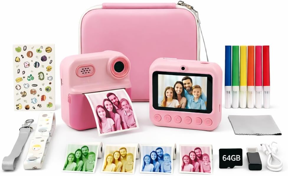 Kids Instant Print Color Camera with Case – Selfie Vlogging Dual Lens 1080P 16X Zoom MP3 Filters, 64GB Card, 4 Color Rolls & Stickers – Perfect for Boys & Girls (Pink)