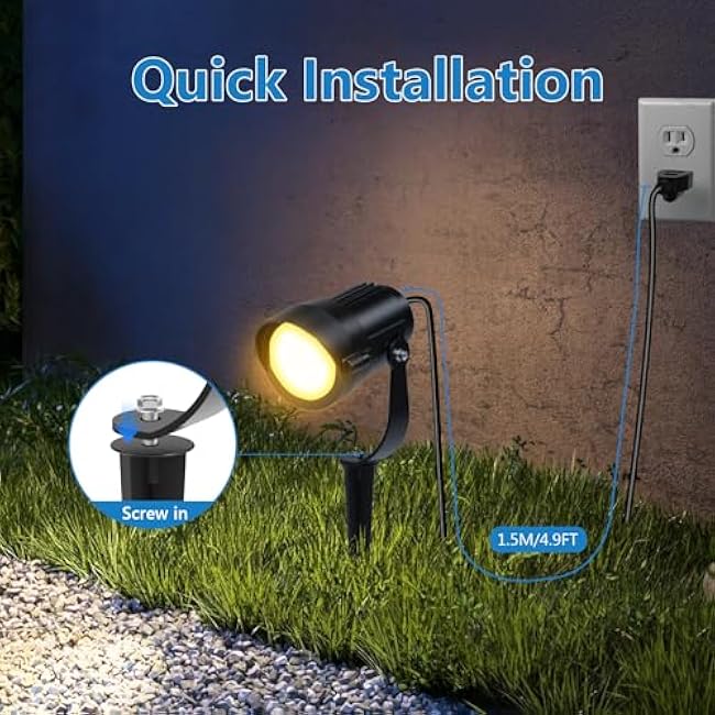 HIBOITEC 12W Spot Lights Outdoor 120V Landscape Lighting Waterproof Spotlight with 4.9ft 3-Plug LED Plug in Landscape Lights for Yard Gardern Decorations 2700K 6Pack