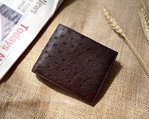 Dark Brown Ostrich Leather Slim Bifold Wallet Double Side Exotic Wallet Multiple Pocket Holder Passcase RFID Blocking Security Handmade Gift For Men VINAMOS-032