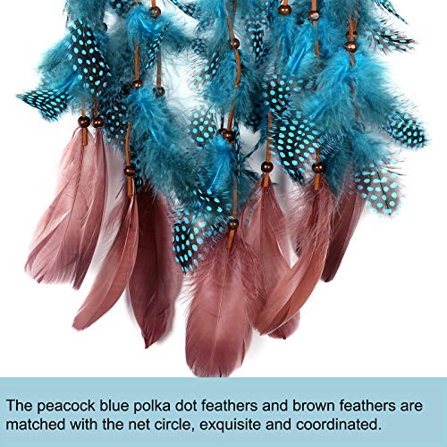 TEESHLY Dream Catchers with Peacock Blue Polka Dot Feather - Handmade Dreamcatchers for Boho Wall Hanging Decoration, Home Ornament Festival Gift - Thumbnail 2