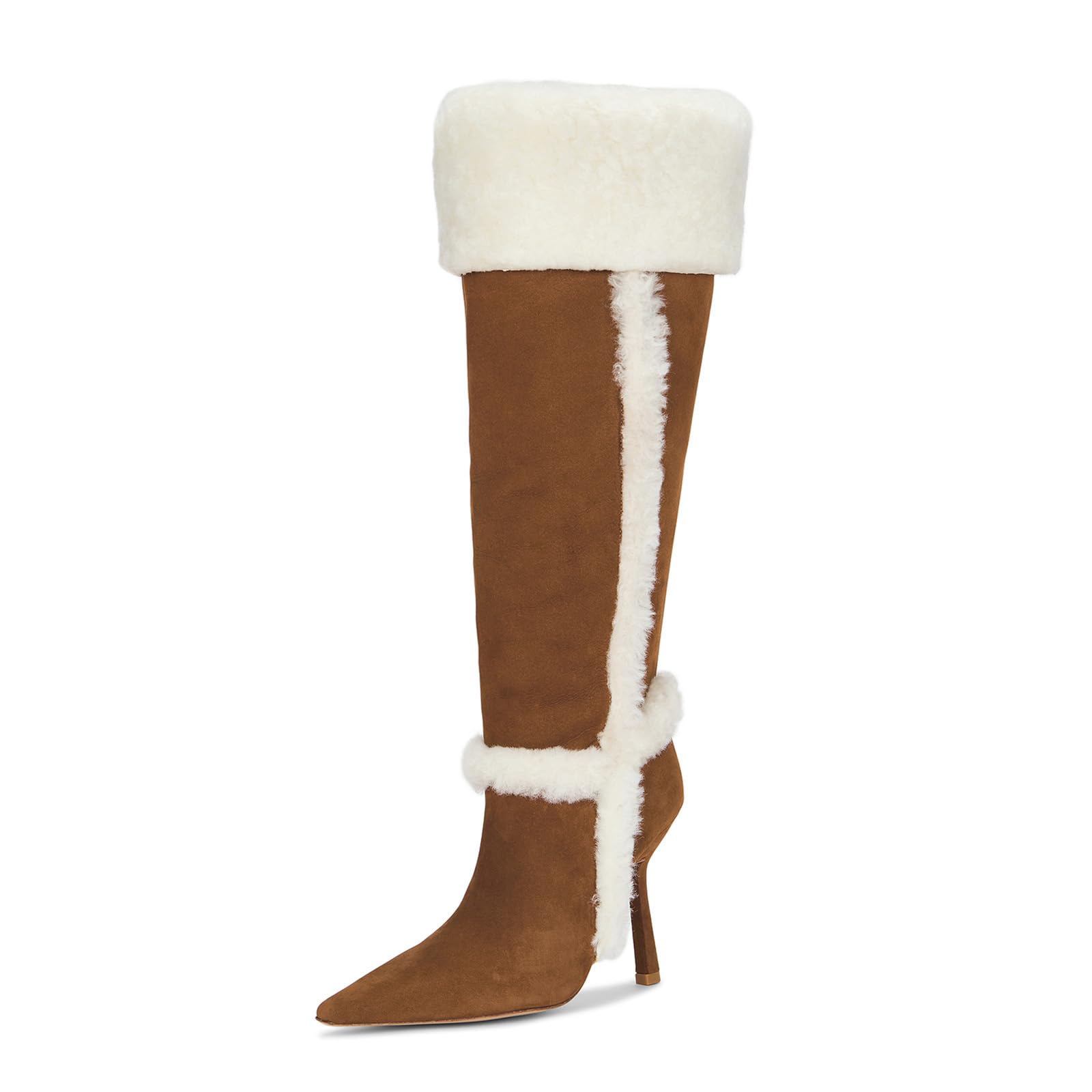 olomisa Knee High Boots for Women Pointed Toe Stiletto Heel Shearling Tall Boot Partial Side Zipper Long Boots