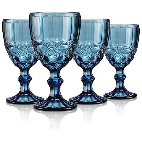 Joeyan Blue Vintage Wine Glasses,Clear Water Goblet Glasses,Stemmed Drinking Glasses with Embossed Pattern,Colored Glassware Set for Wedding Party Banquet Feast,10 oz,Set of 4,Dishwasher Safe Cover