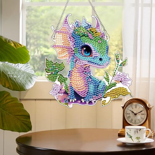 Image of AiYuanzsh 5D DIY Diamond Art Hanging Pendant Kit, Dragon Acrylic Diamond Painting Ornament, Special Shaped Diamond Art Mosaic Suncatcher for Window and Home Decor