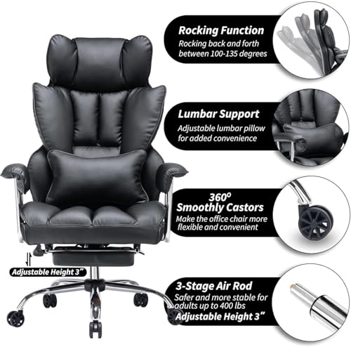 Image of Efomao Desk Office Chair Big High Back Chair PU Leather Computer Chair Managerial Executive Swivel Chair with Lumbar Support (Black)