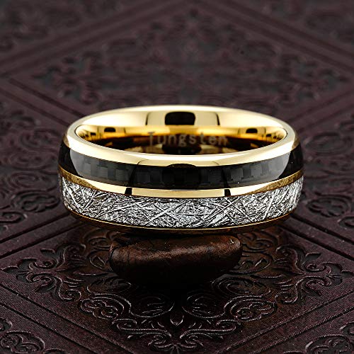 100S JEWELRY Engraved Personalized Carbon Fiber Meteorite Inlaid Tungsten Rings for Men Women Gold Wedding Band Sizes 6-164