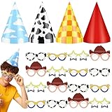 Sonwyoung 32 Pcs Cartoon Style Party Supplies 16 Pcs Birthday Inspired Party Cone Hats and 16 Pieces Cartoon Style Paper Eyeglasses Birthday Decorations